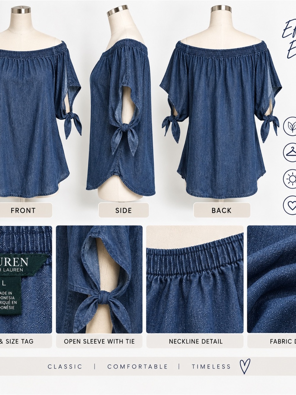 Ralph Lauren Off-Shoulder Denim Tie-Sleeve Top - Blue